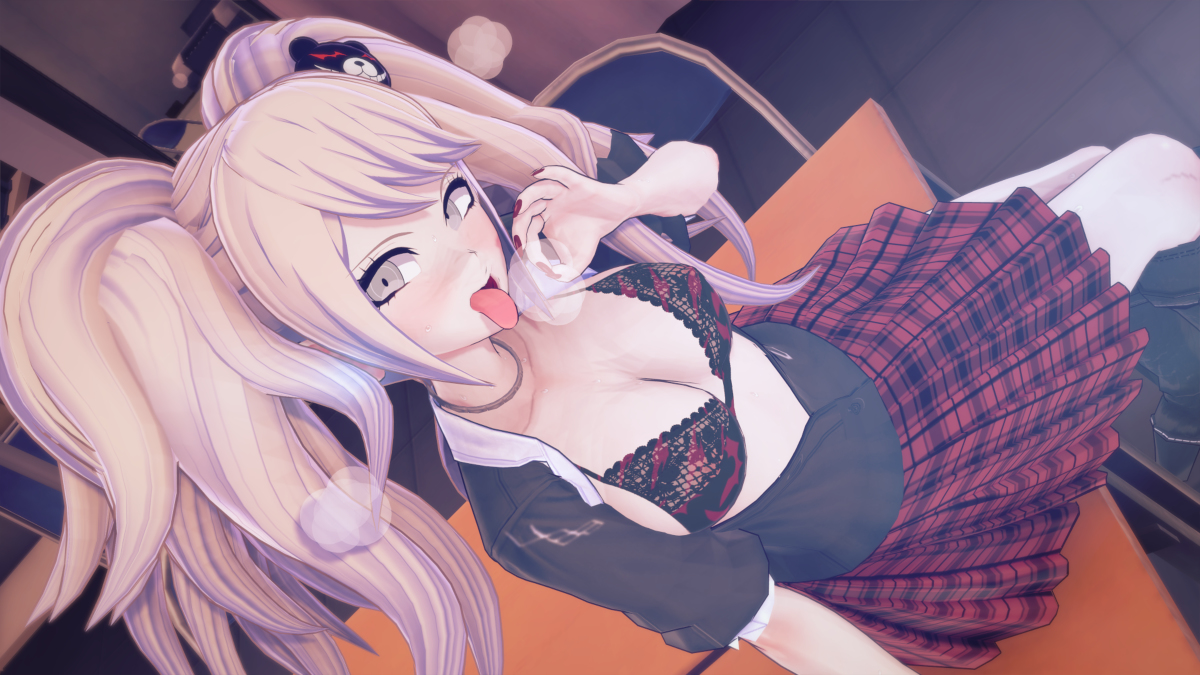 3d, blonde hair, classroom, danganronpa, estima45pee3, female, female only, inviting to sex, inviting to suck, junko enoshima, koikatsu, open shirt, oral invitation, red bra, red skirt, school uniform, schoolgirl, yellow hair