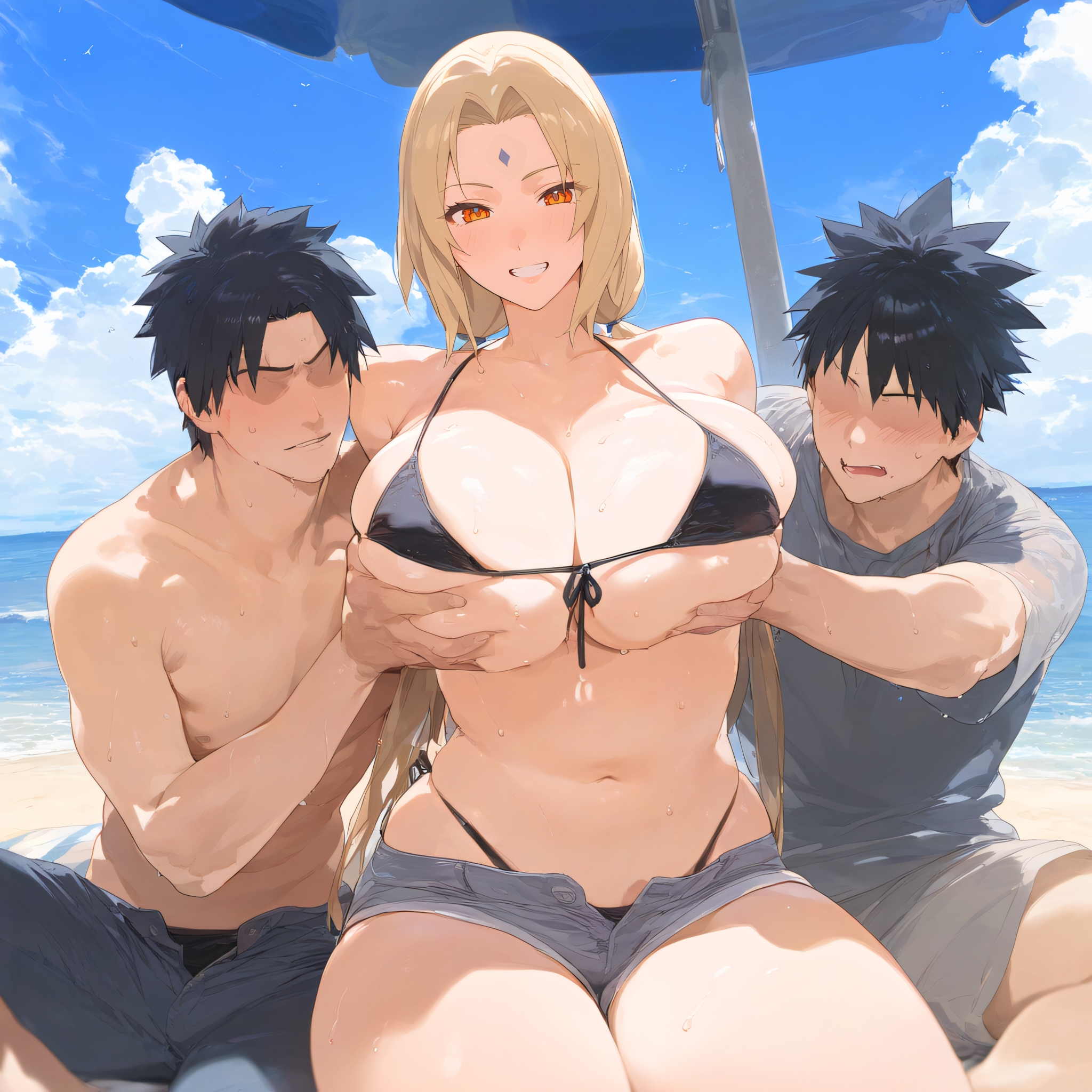 2boys, ai generated, artist request, beach, big breasts, bikini, blonde hair, breasts, female, fmm threesome, male, mature female, mommy, naruto, naruto (series), taugust, tsunade
