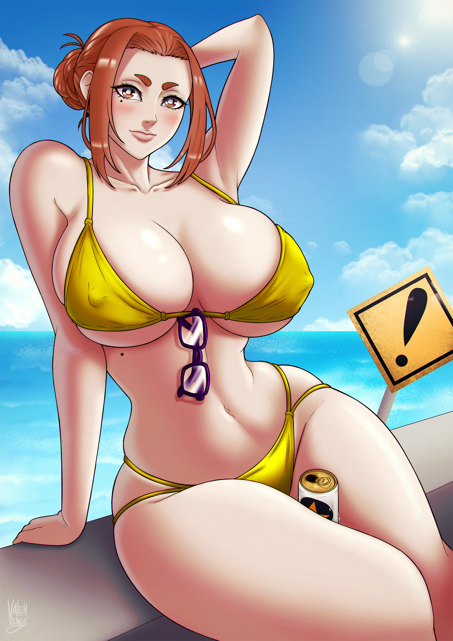 1girls, beach, big breasts, bikini, breasts, brown eyes, brown hair, busty, curvaceous, curvy, curvy body, curvy female, curvy figure, female, female only, glasses, huge breasts, kaii to otome to kamikakushi, large breasts, mole, mole under eye, ogawa sumireko, revealing clothes, short eyebrows, small eyebrows, thick thighs, thighs, valenvenge, voluptuous