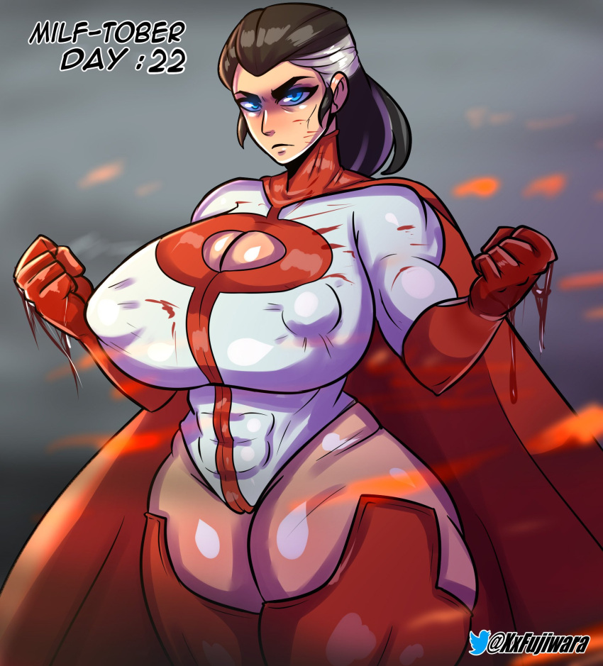 big_ass big_breasts blue_eyes boob_window dark_hair fully_clothed genderswap_(mtf) grey_hair invincible nolan_grayson omni-man omni-woman rule_63 thick_ass thick_thighs tight_clothing xxfujiwaraxx