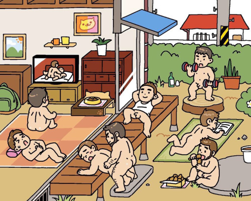 anal ass bara blush body_hair bottomless chibi facial_hair food male male_only multiple_boys muscles neko_atsume nude outdoors penis public sex sleeping sweat tagme testicles yaoi