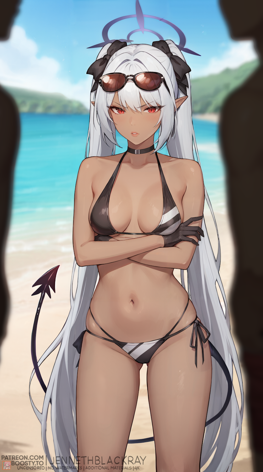 2boys ai_generated bangs bare_shoulders beach bikini black_bikini black_choker black_gloves black_ribbon black_swimsuit blue_archive blue_sky blurry blurry_background blush breasts choker clavicle cloud cowboy_shot crossed_arms dark-skinned_female dark_skin day demon_tail eyewear_on_head female gloves hair_between_eyes hair_ornament hair_ribbon halo iori_(blue_archive) iori_(swimsuit)_(blue_archive) jenneth_blackray long_hair looking_at_viewer medium_breasts multi-strapped_bikini multiple_boys navel ocean open_mouth outdoors parted_lips patreon_username pointed_ears ponytail red_eyes ribbon shiromi_iori side-tie_bikini side-tie_bikini_bottom skindentation sky solo_focus stable_diffusion standing stomach string_bikini sunglasses swimsuit tail teeth thighs tied_hair twintails very_long_hair water white_hair wide_hips