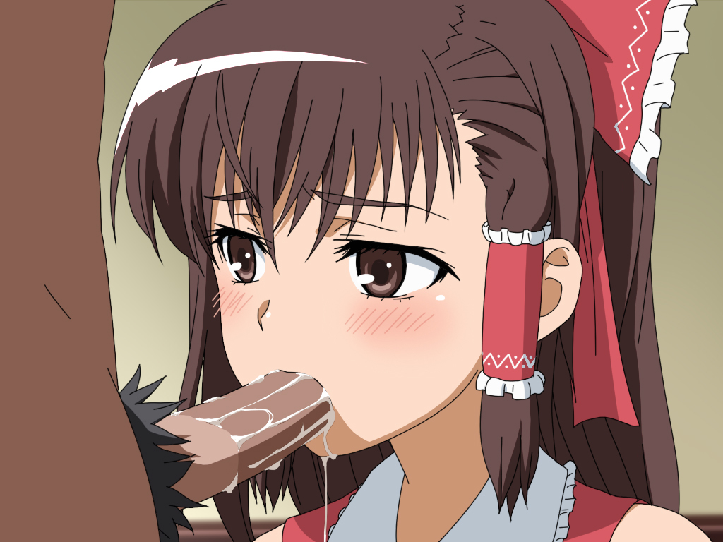 blush brown_eyes brown_hair cosplay fellatio female hair_ribbon hair_tubes oral penis pubic_hair reimu_hakurei ribbon saliva shirosato solo_focus straight touhou uncensored