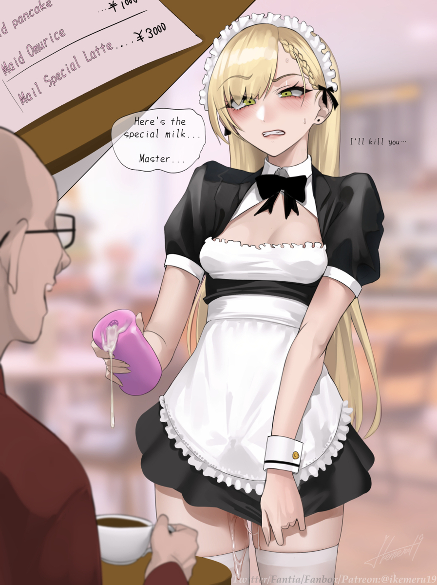 2boys after_masturbation angry artificial_vagina blonde_hair blush clothed cum dialogue embarrassed english_text erection_under_clothes fully_clothed human humiliation ikemeru19 light_skin long_hair maid male masturbation onahole partial_male solo_focus standing stockings tenting text trap