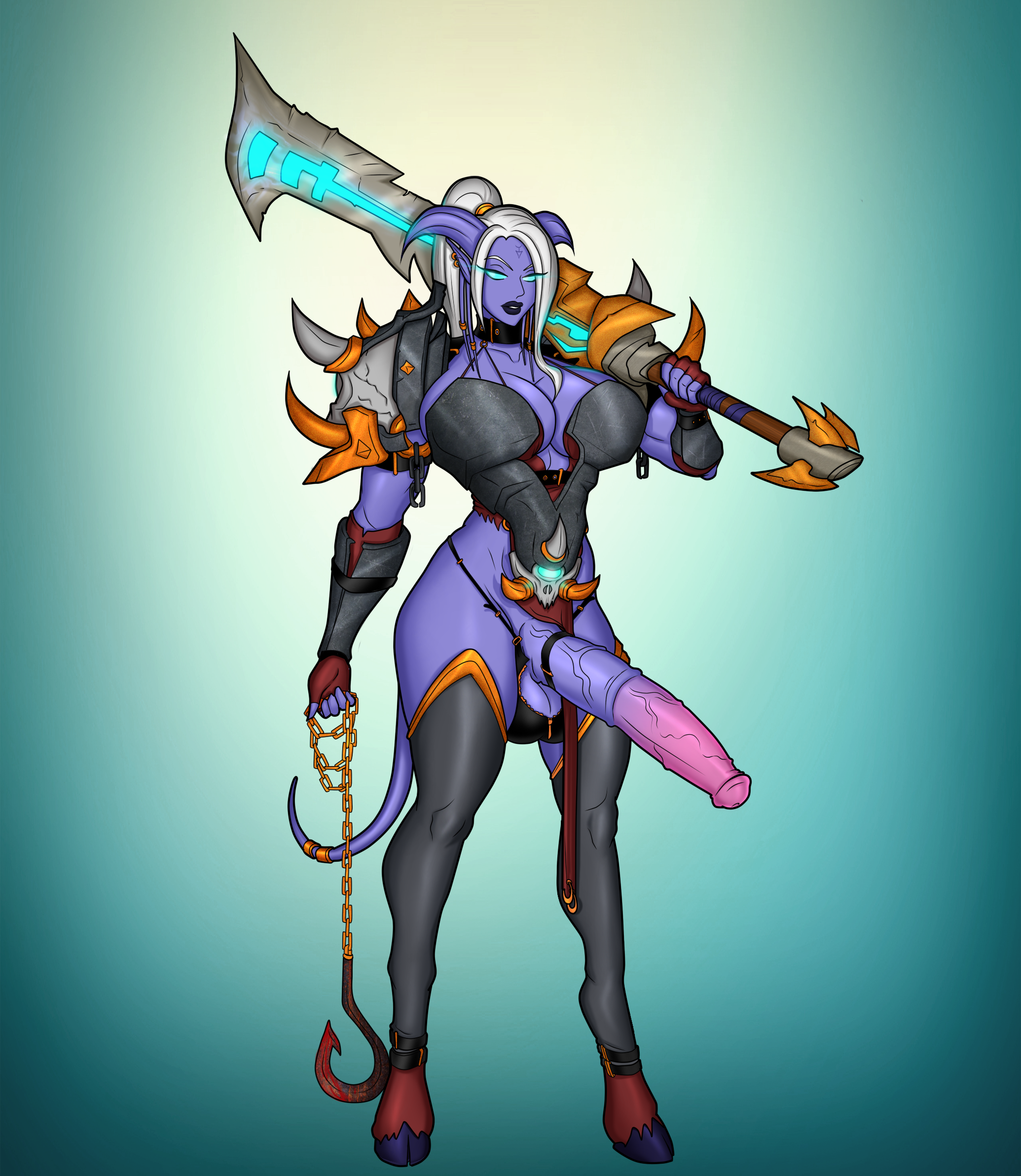 1futa, annarielle, armor, balls, balls bulge, balls in panties, balls under clothes, black lipstick, casual boner, casual exposure, chains, dark skin, dark-skinned futa, dickgirl, draenei, erection, futa only, futanari, glowing eyes, hook, horns, huge cock, intersex, merryan-sama, muscular, muscular futa, panties, panty bulge, penis, penis out, purple skin, solo, tail, white hair, world of warcraft