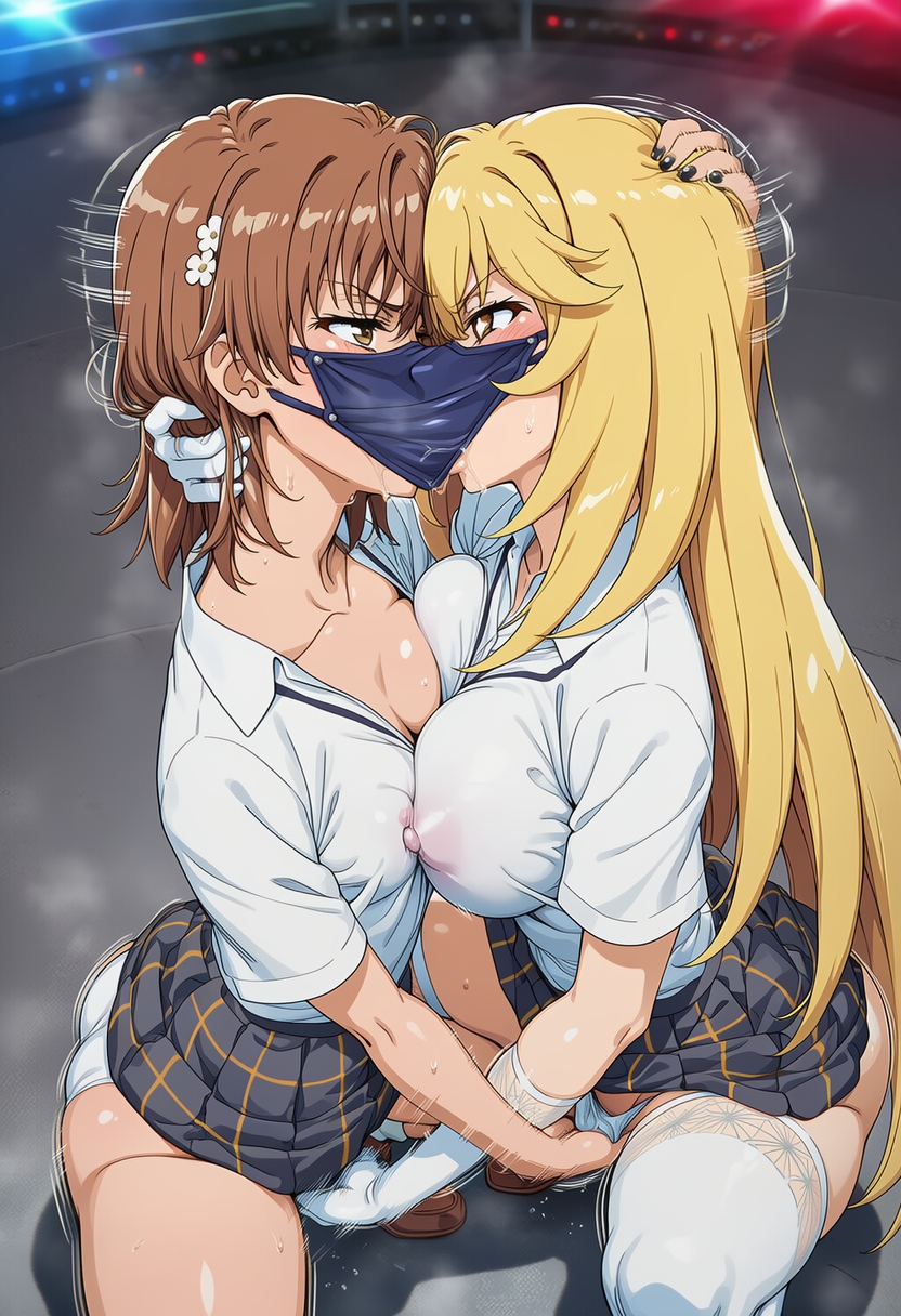 ai generated, angry, breast press, catfight, competitive, competitive intercourse, fingering, hate sex, holding, kissing, lesbian competitive intercourse, lesbian kiss, lesbian sex, misaka mikoto, mutual fingering, school uniform, sexfight, shokuhou misaki, symmetrical docking, to aru kagaku no railgun, yuri
