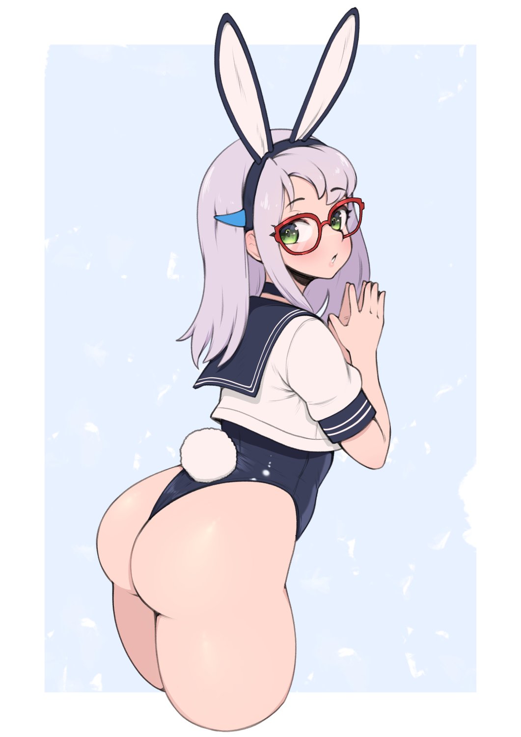 1girls ass breasts bubble_butt bunny_ears bunny_girl female glasses goddess_of_victory:_nikke green_eyes light-skinned_female light_skin long_hair medium_breasts neon_(nikke) thighs white_hair whomperfruit