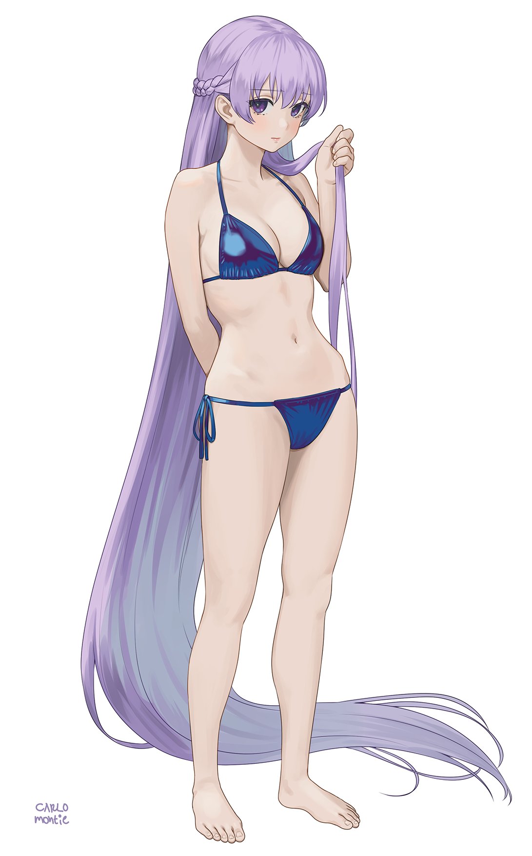 1girls absurdly_long_hair absurdres bare_arms bare_legs bare_midriff bare_shoulders barefoot bikini blue_bikini blue_swimsuit blush braid breasts carlo_montie cleavage collarbone crown_braid dot_nose embarrassed feet female female_only fire_emblem fire_emblem:_the_binding_blade full_body highres legs light-skinned_female light_skin long_hair looking_at_viewer medium_breasts navel nintendo purple_eyes purple_hair shoulders side-tie_bikini sideboob solo sophia_(fire_emblem) standing string_bikini swimsuit thighs v-line very_long_hair white_background