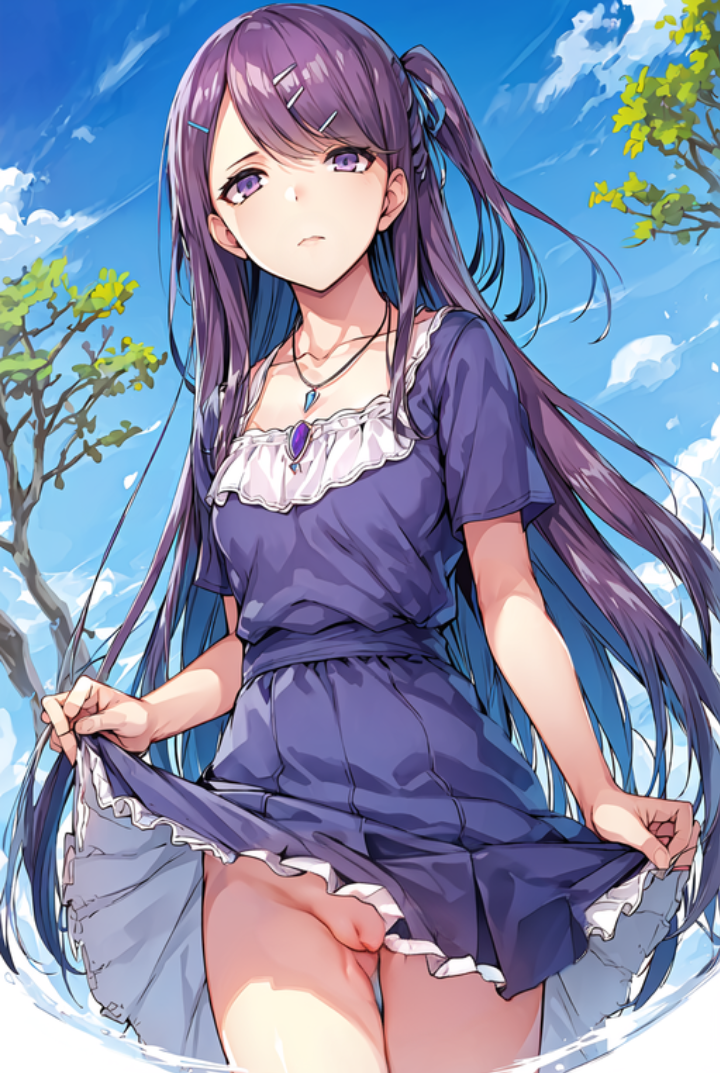 ai_generated classroom_of_the_elite dress_lift exposed_pussy hair_pin kamuro_masumi long_hair necklace no_panties purple_dress purple_eyes purple_hair wsax