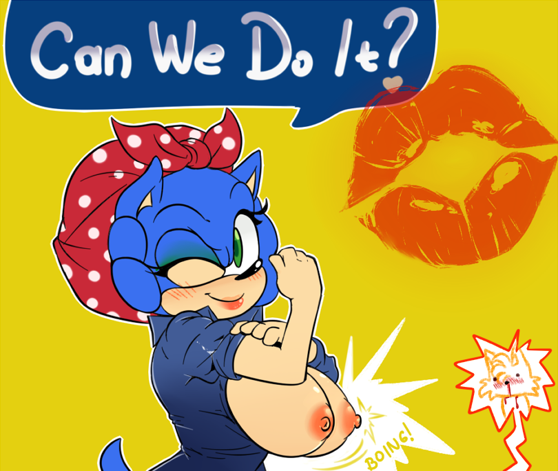 anthro big_breasts blood blue_fur blush breasts clothed clothing cuisine dialogue english_text exposed eyelashes female flexing fur green_eyes headscarf hedgehog kiss_mark lipstick looking_at_viewer mammal missphase muscular nipples nosebleed one_eye_closed parody partially_clothed rosie_the_riveter rule_63 simple_background smile sonic_(series) sonic_the_hedgehog sonique_the_hedgehog speech_bubble tails text yellow_background