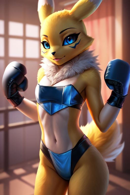 1girls 2024 ai_generated anthro bandai_namco blue_clothing blue_eyes blue_sclera blurry_background boxing boxing_gloves boxing_ring canine digimon digimon_(species) female female_focus female_only fox fox_tail looking_at_viewer ready_to_fight renamon smaller_female tongue_out training