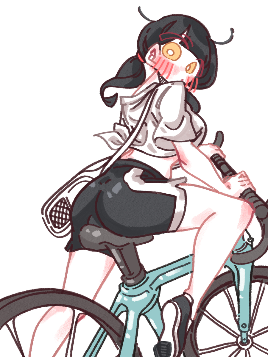 1girls bike black_hair fully_clothed jc_(kaggasi) kaggasi original shorts yellow_eyes