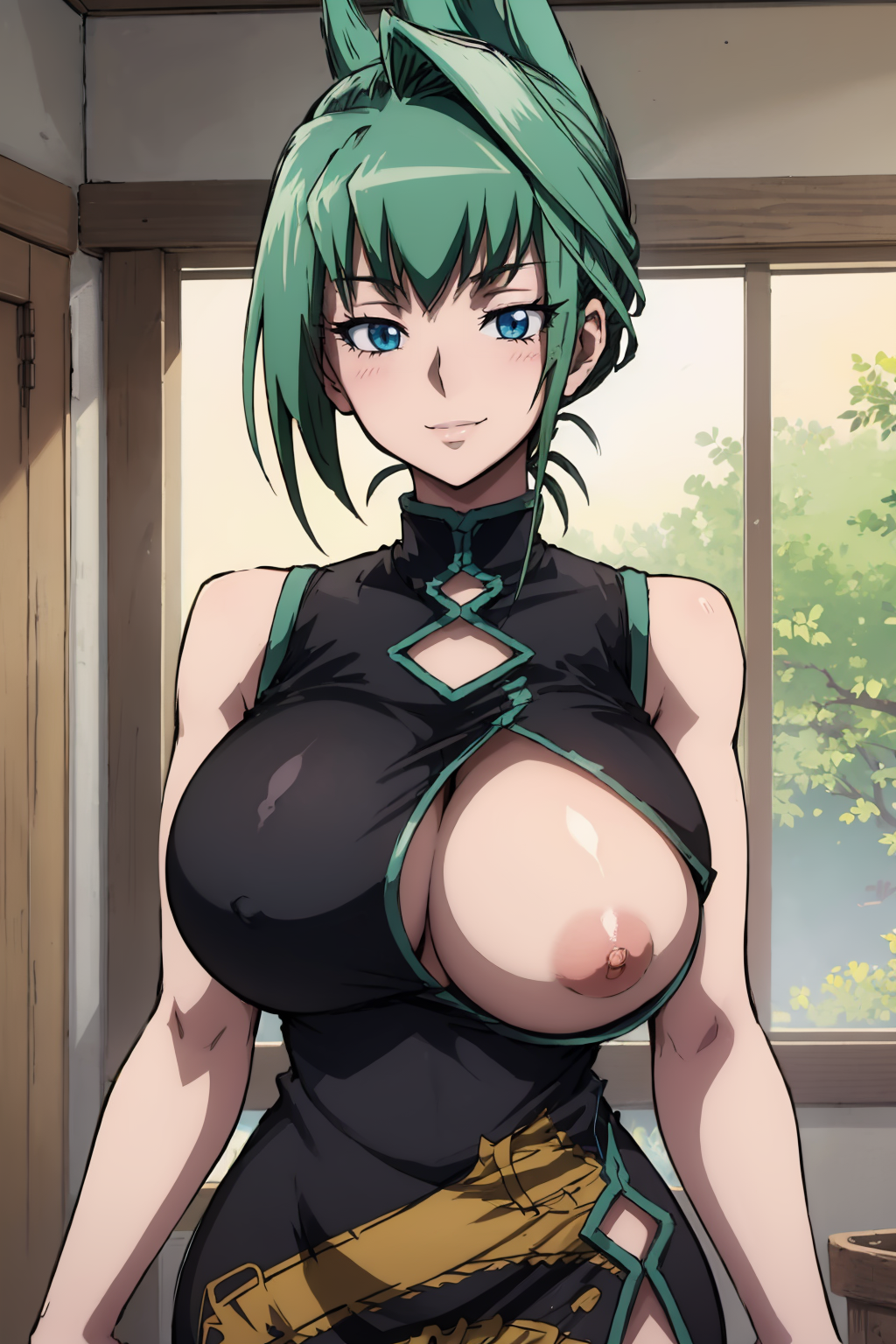 ai_generated aindroidparanoid blue_eyes busty china_dress chinese_clothes coquette curvy dress flirting green_hair huge_breasts indoors massive_breasts narrow_waist nipples one_breast_out shaman_king smile stable_diffusion taller_girl tao_jun wide_hips