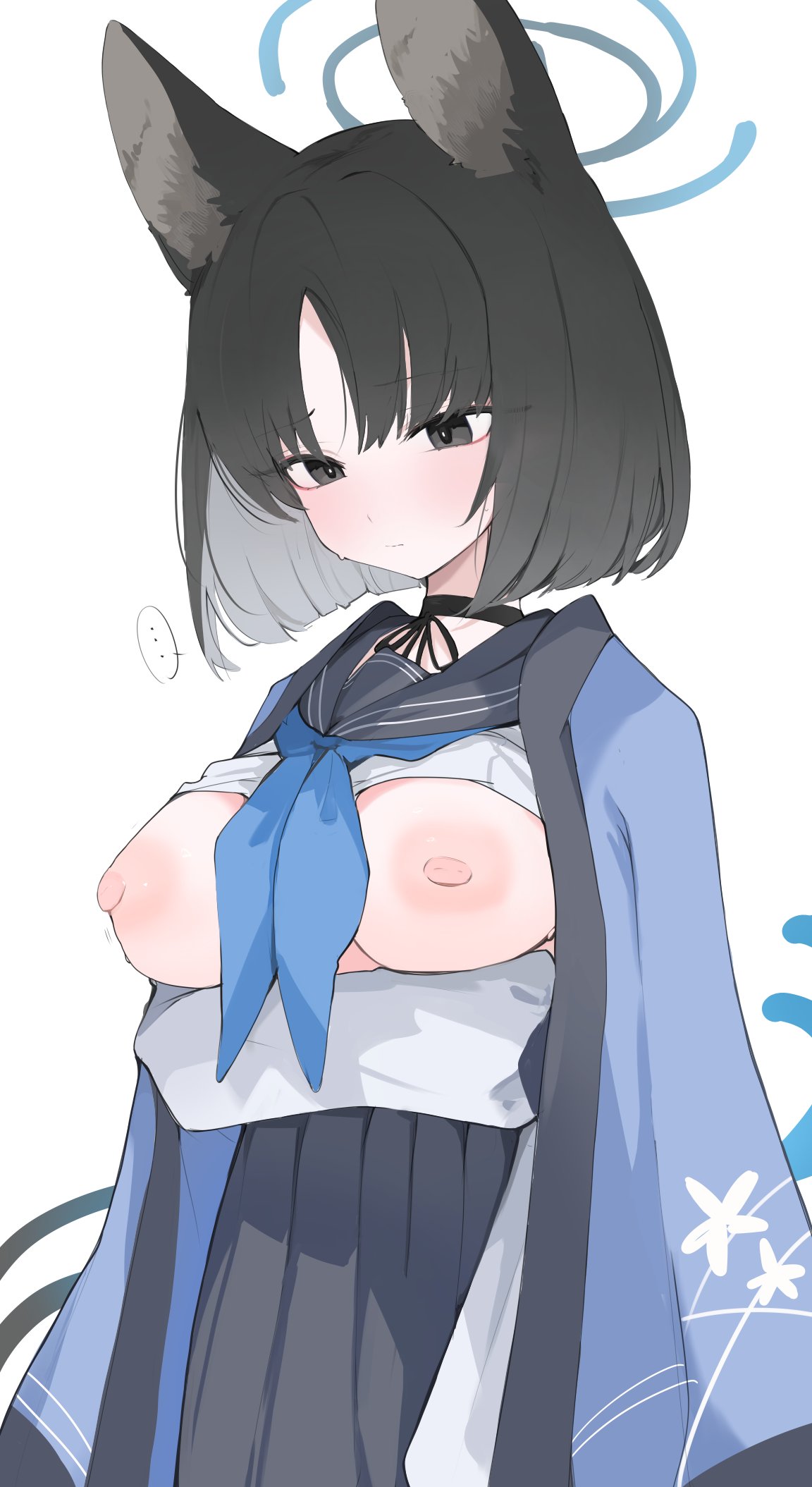 ... animal_ears black_choker black_eyes black_hair blue_archive breasts breasts_out cloak halo kikyou_(blue_archive) medium_breasts mikozin seifuku short_hair shy slight_blush sweatdrop tagme tail uniform