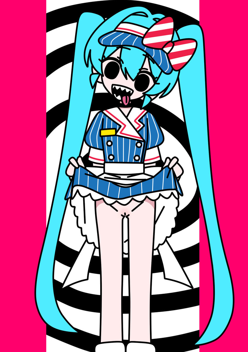 1girls accurate_art_style black_eyes blue_hair fangs hairless_pussy hatsune_miku head_tilt hypnotized hypnotized_female leg_warmers lifting_dress looking_at_viewer mesmerizer_(vocaloid) mesmerizer_miku mv_character official_style pinstripe_dress presenting_pussy pussy skirt_lift tongue_out twintails visor_cap