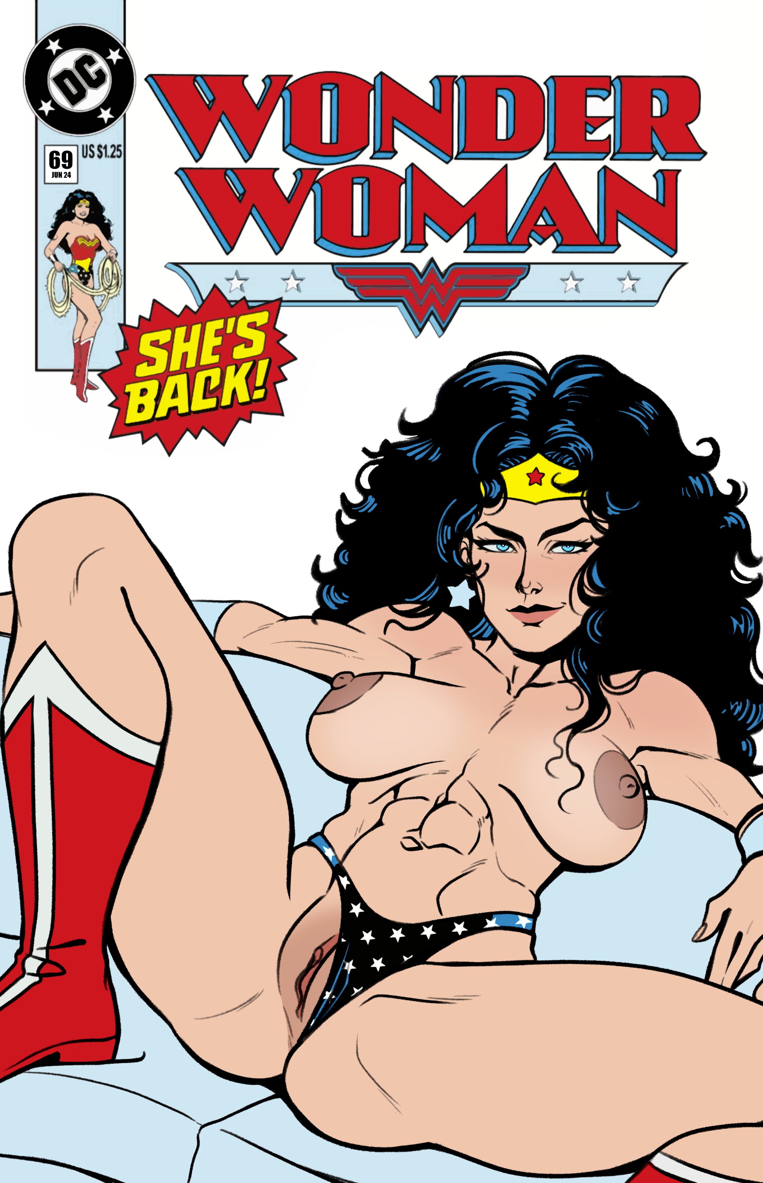 1girls, abs, areolae, black hair, blue eyes, boots, breasts, clitoral hood, clitoris, comic cover, dc, dc comics, diana prince, female, fit, fit female, hi res, large breasts, legs apart, light skin, light-skinned female, long hair, looking at viewer, messy hair, nipples, pale color, pale skin, pale-skinned female, panties, panties aside, pubic hair, pumpkinsinclair, pussy, sitting, sitting on sofa, smiling, smiling at viewer, solo, spread legs, topless, wonder woman, wonder woman (series)