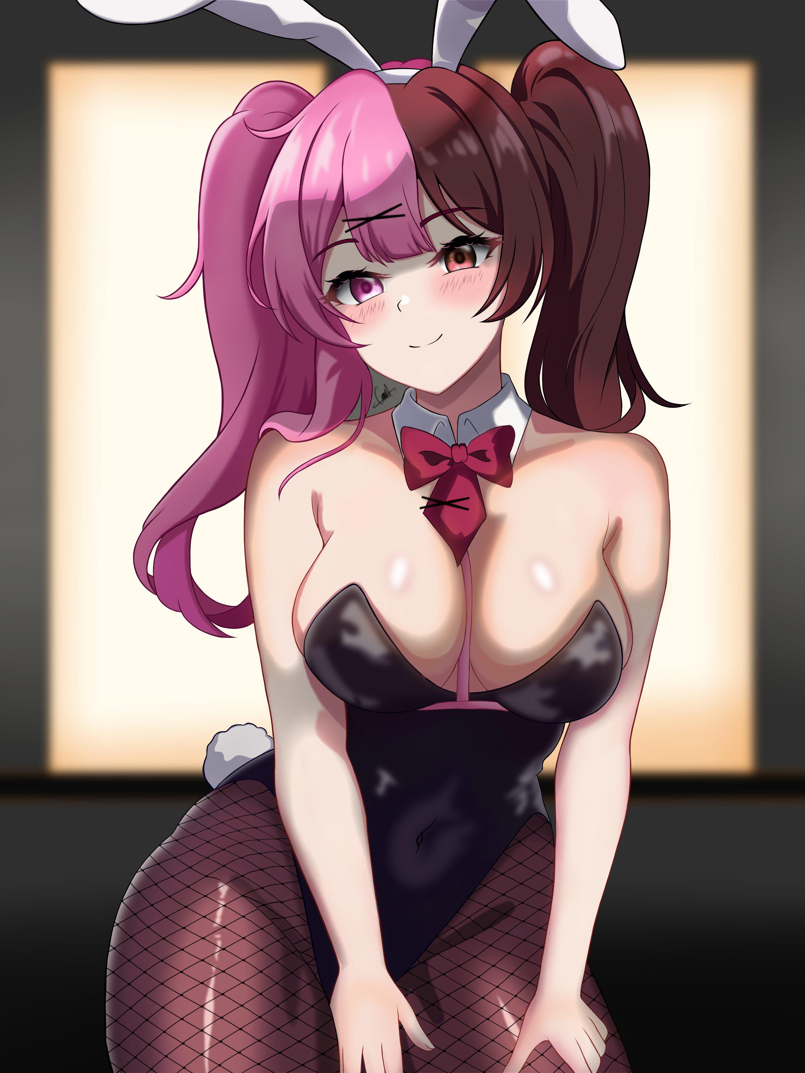 1girls, alternate hairstyle, anime style, big breasts, breasts, bunny ears, bunny girl, bunnysuit, busty, female, heterochromia, large breasts, lgc cat, multicolored hair, neo (rwby), rwby, smile, smiling at viewer, twintails, two-tone hair