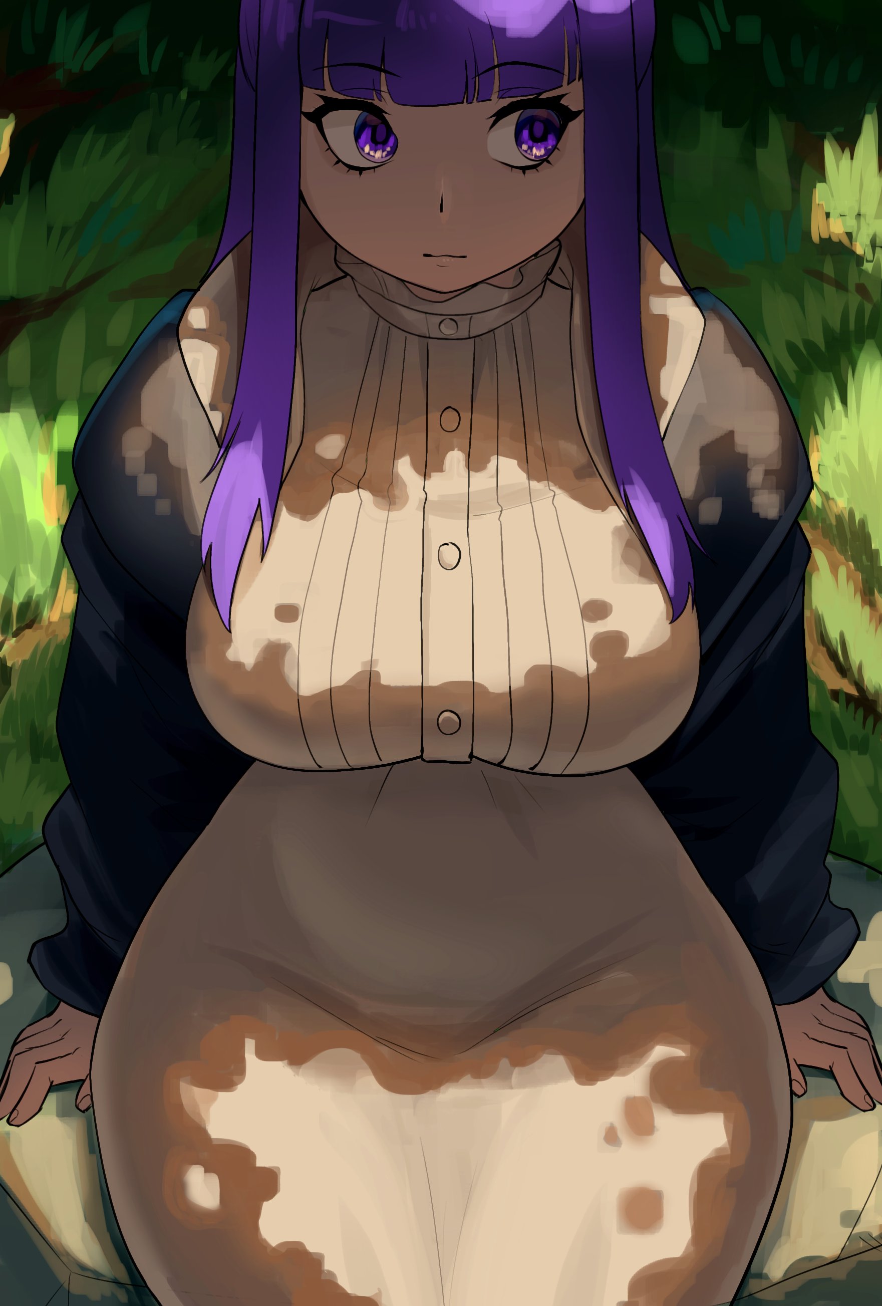 1girls, dress, female, fern (sousou no frieren), looking away, purple hair, rajahdark, sitting, sousou no frieren