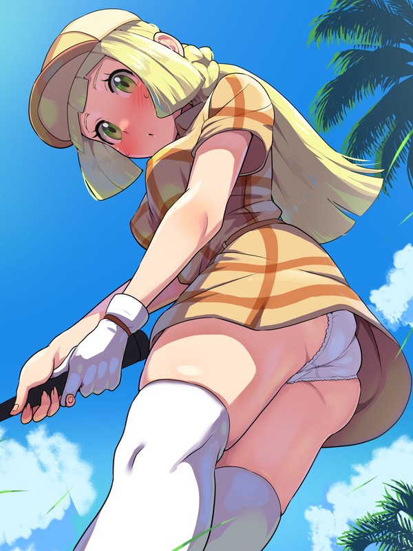 1girls alternate_costume ass blonde_hair blush boris_(noborhys) female female_only fully_clothed glove golf golf_club golf_outfit green_eyes human leggings legs legwear lillie_(pokemon) official_alternate_costume outdoors panties pokemon pokemon_(anime) pokemon_sm single_glove skirt sky solo thighhighs thighs upskirt white_panties