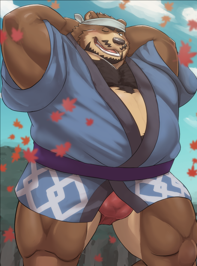 00murice 2024 anthro asian_clothing bear beard belly big_belly brown_body bulge clothing east_asian_clothing facial_hair fundoshi happi_(clothing) japanese_clothing kemono male mammal mature_male one_eye_closed overweight overweight_male red_clothing red_fundoshi red_underwear solo solo_male underwear