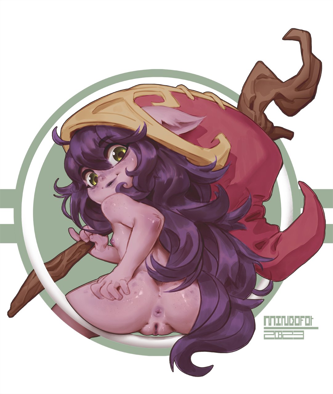 anthro anus ass bangs blush breasts clothing female freckled_butt freckled_face freckles genitals glistening glistening_body green_eyes hair hand_on_butt hat hat_only headgear headgear_only headwear headwear_only hi_res holding_object holding_staff league_of_legends leaning leaning_forward looking_back lulu_the_fae_sorceress mindofor mostly_nude nipples plump_labia presenting presenting_anus purple_body purple_hair purple_skin pussy rear_view red_clothing red_hat red_headwear riot_games simple_background sitting smile smiling_at_viewer solo staff tencent white_background witch_hat yordle