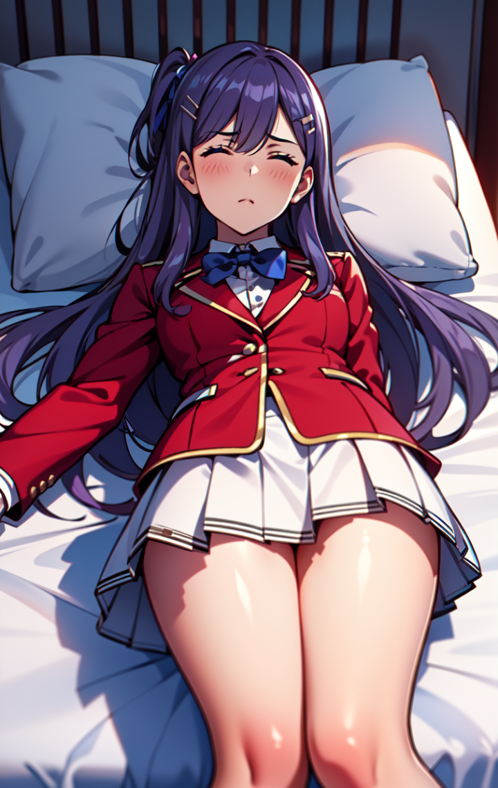 1girls advanced_nurturing_high_school_uniform ai_generated asleep blue_bow blush_lines classroom_of_the_elite drugged female fournaise hair_pin kamuro_masumi long_hair purple_eyes purple_hair red_blazer school_uniform schoolgirl sleeping white_shirt