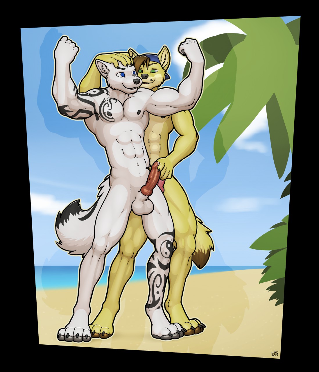 2015 anthro beach blast_mcyote canine casual_nudity coyote erection longblueclaw male mammal masturbation nipples nude nude_beach nudist outside penile_masturbation penis rex_wusky seaside wusky yaoi