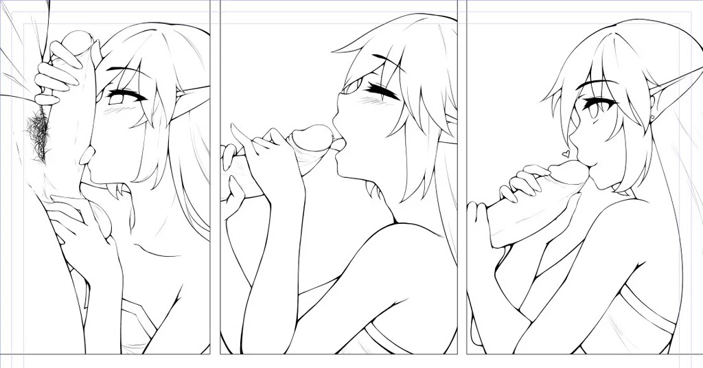 closed_eyes elf fellatio female hair heart kaleina_(ricegnat) kerasu long_hair monochrome oral original penis penis_kiss pointy_ears pubic_hair ricegnat tongue_out uncensored work_in_progress