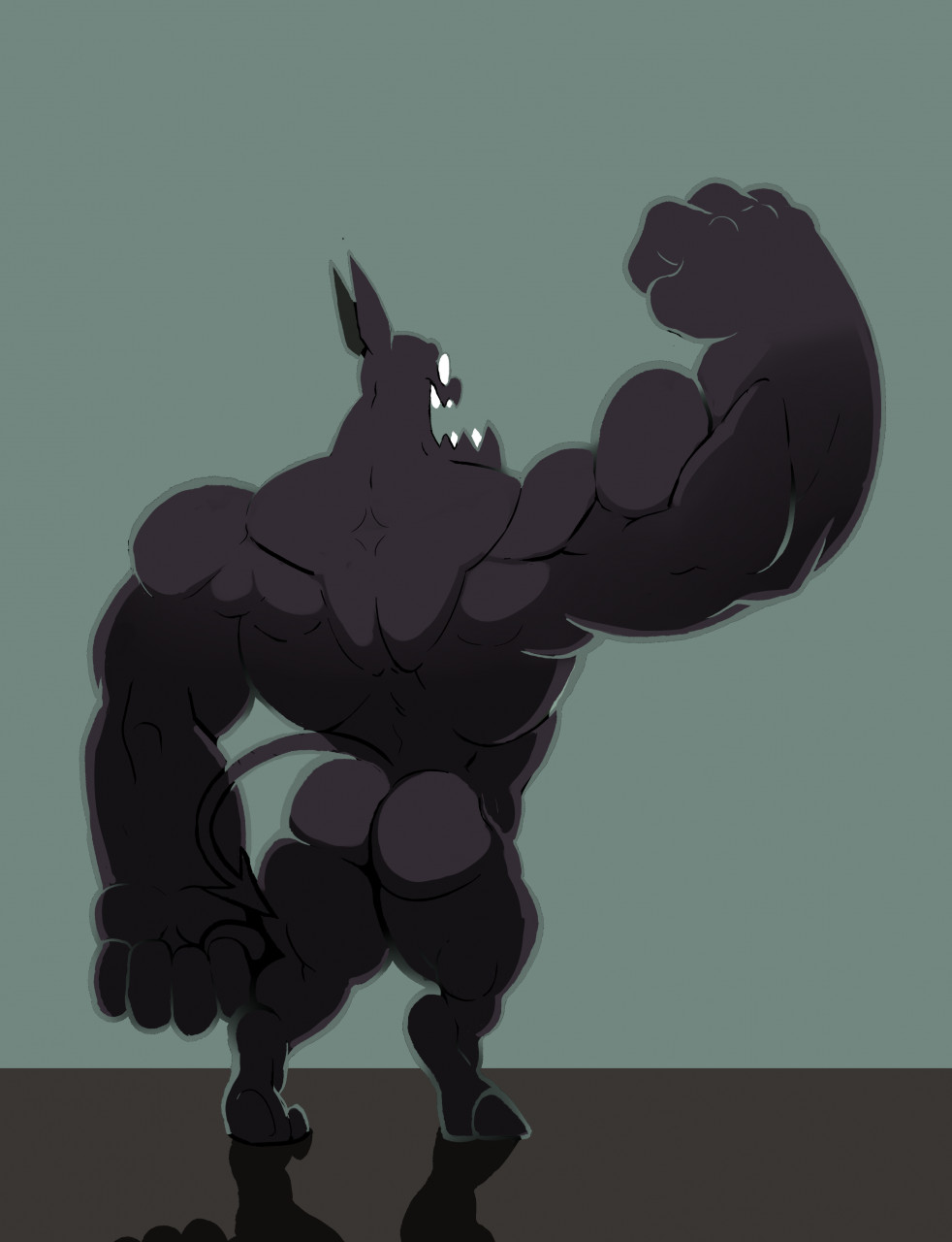 1boy ass back_view bara big_hands brad_(have_a_nice_death) demon_tail dracostreex flexing gargoyle have_a_nice_death hooves muscles muscular_male nude solo sunglasses