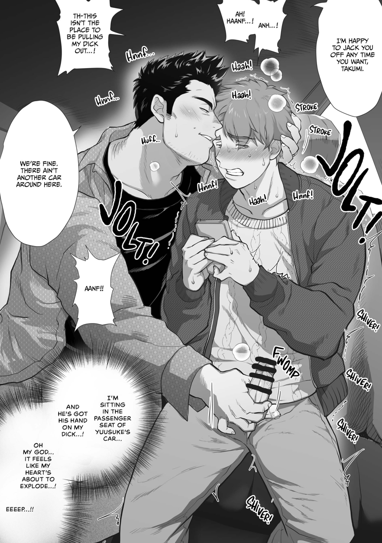 2boys abs age_difference bara blush chabashira_tatsukichi dads_friend dialogue dilf english english_text gay handjob horny male male_only molestation muscular muscular_male pecs plot sex size_difference story text text_bubble