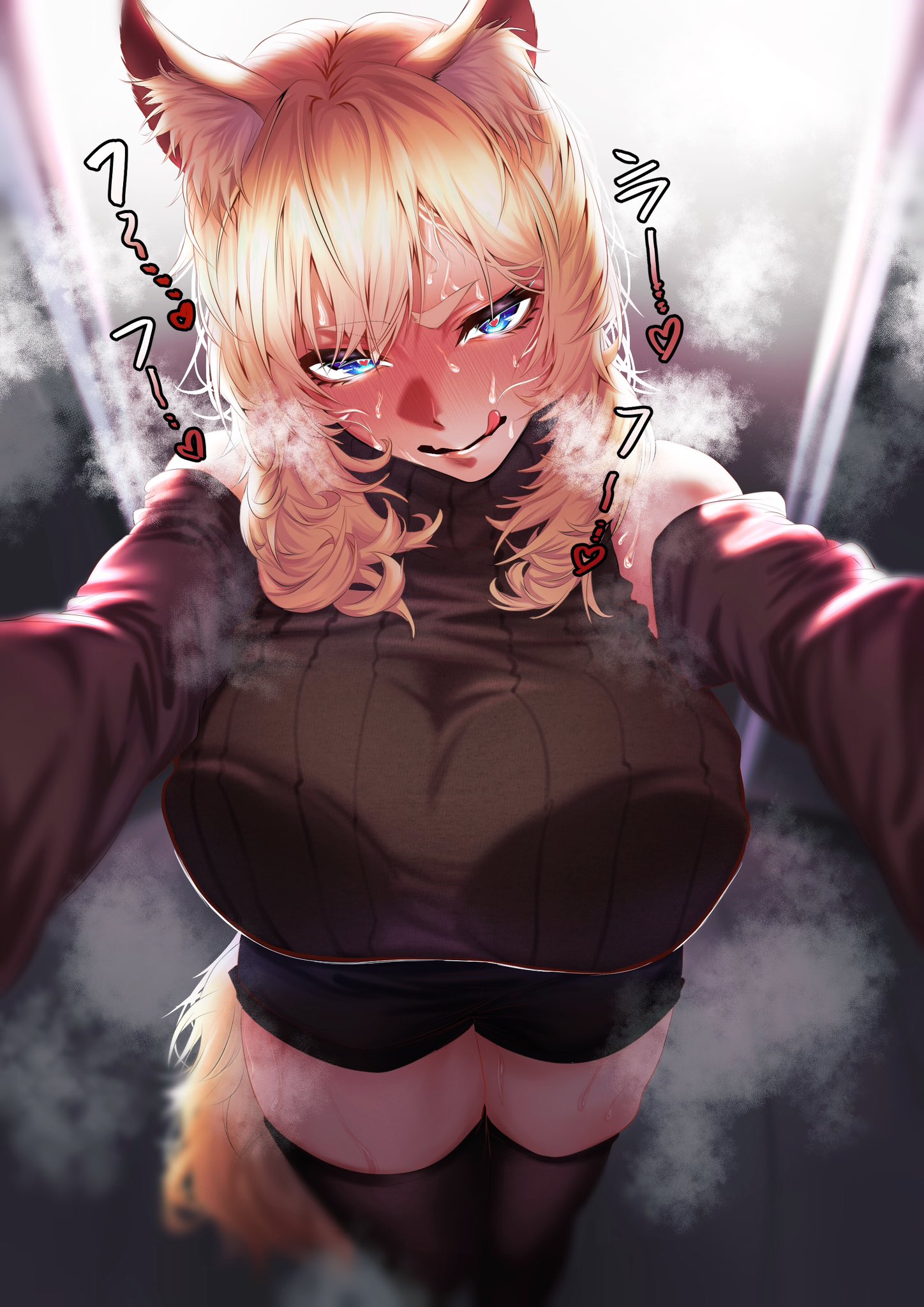 1girls, arknights, arousal, aroused, aroused face, aroused female, aroused smile, blonde hair, blue eyes, blush, blush lines, blushing at viewer, breasts, female, female focus, female only, heart-shaped pupils, horny female, horse, horse ears, horse girl, horse tail, huge breasts, iindoagorira, licking, licking lips, light skin, light-skinned female, long hair, looking at viewer, shorts, smile, smiling, smiling at viewer, sweat, sweatdrop, sweater, sweating, sweaty, tagme, thick thighs, thighhighs, thighs, tight clothing, tight fit, tongue, unusual anatomy, unusual eyes, unusual pupils, whislash (arknights)