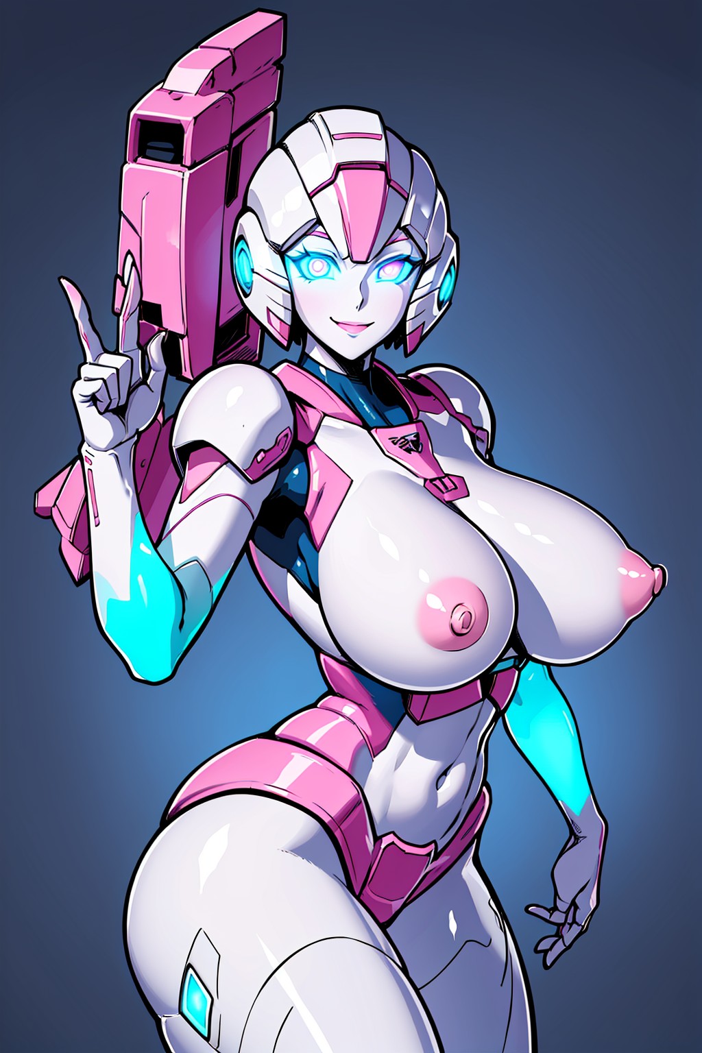 1girls ai_generated arcee arcee_(g1) autobot big_breasts breasts curvy curvy_female curvy_figure female female_autobots female_only giant_breasts hourglass_figure huge_breasts nipples peace_sign robot_girl roger1011 slim_waist solo thick_thighs transformers v_sign