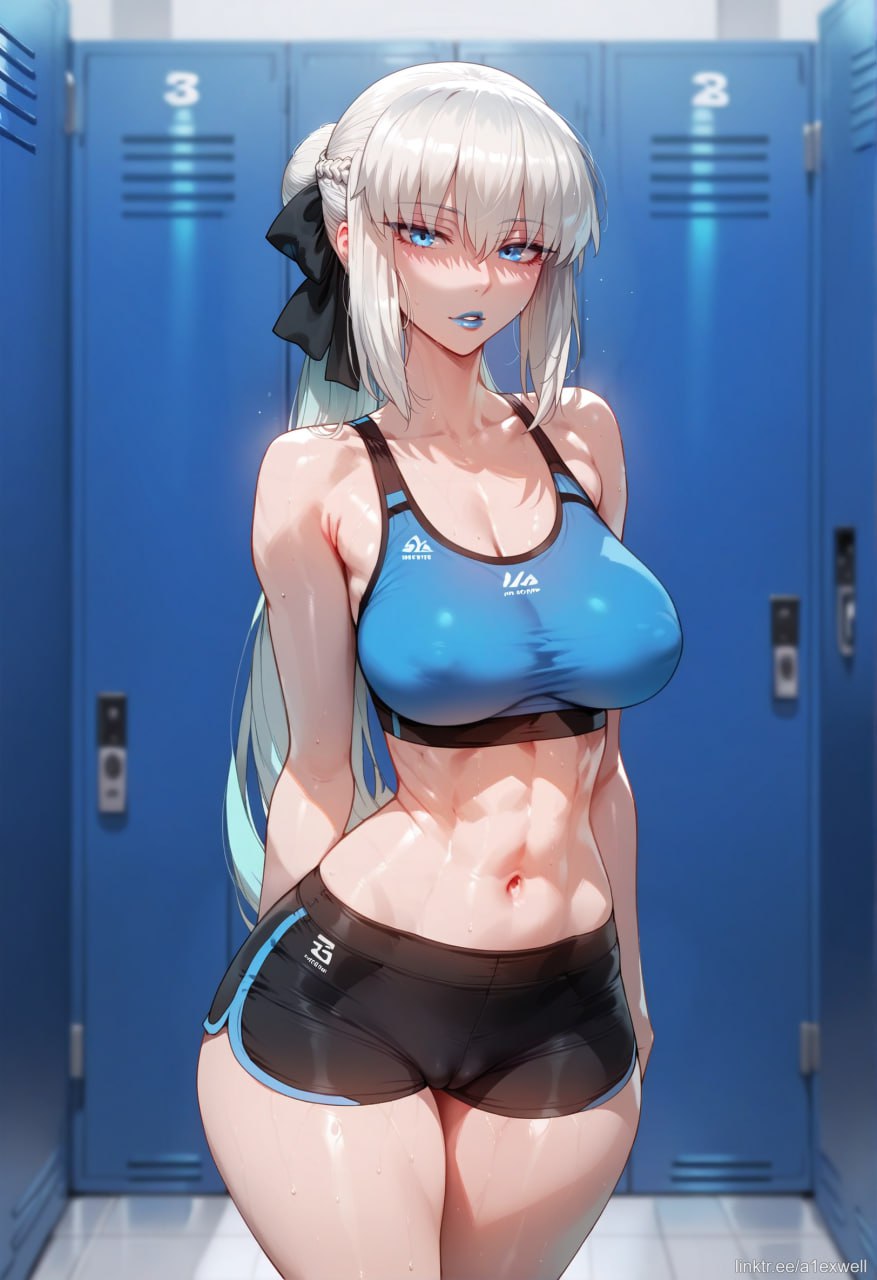 a1exwell, ai generated, covered nipples, fate (series), fate/grand order, female, gym, gym uniform, morgan le fay (fate), shorts, sports bra, stable diffusion