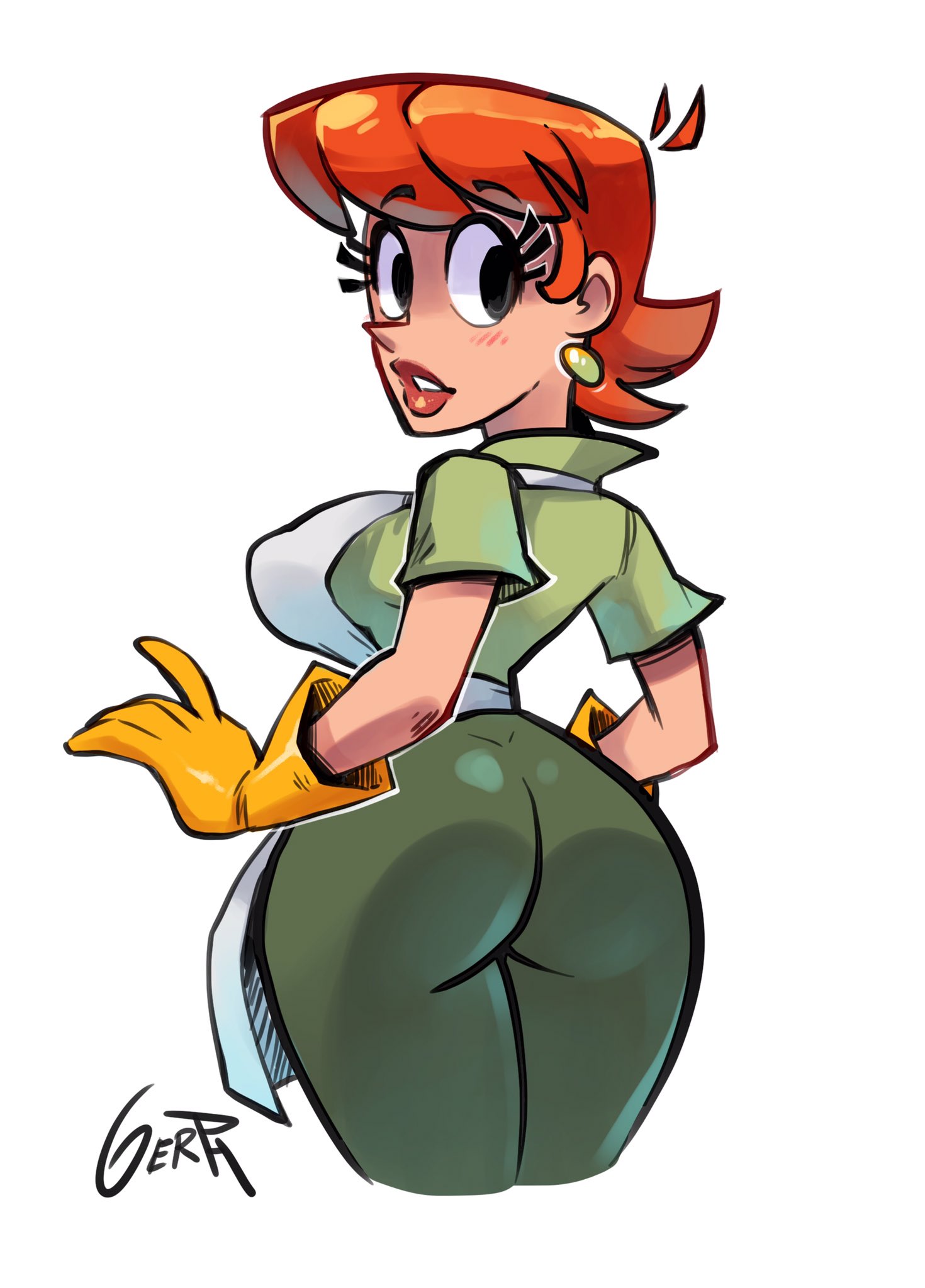 1girls, ass, big ass, big breasts, big lips, black eyes, breasts, clothed, curvy, dexter's laboratory, dexter's mom, earrings, eyelashes, female, female only, fully clothed, gerph, gloves, human, latex, latex gloves, lipstick, milf, mother, orange hair, red hair, text, thick thighs, watermark, wide hips, yellow gloves