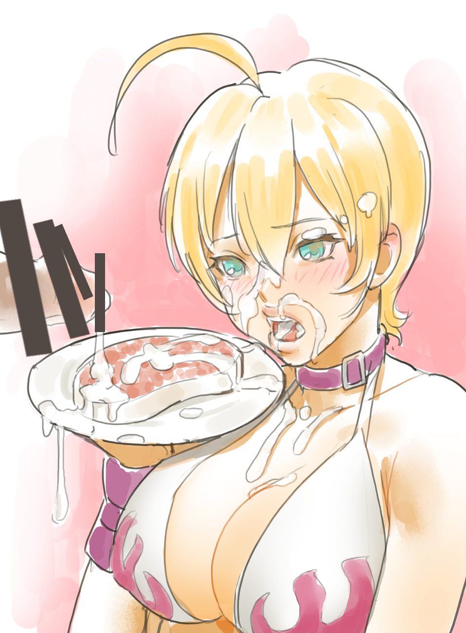 1boy, 1girls, artist request, blonde hair, blonde-haired female, breasts, censored, cleavage, collar, cum, cum on food, cumdrip, facial, female, food, head out of frame, large breasts, male, meat, mito ikumi, open mouth, penis, shokugeki no souma, tongue