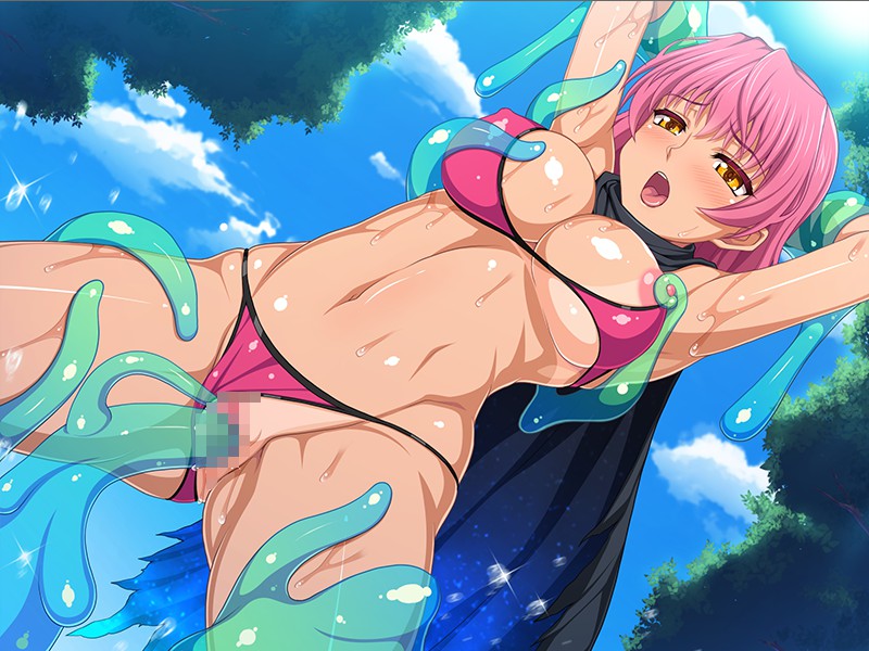 ahe gao, areolae, armpits, arms up, bikini, bikini bottom aside, bikini top, blush, breasts, cape, censored, erect nipples, female, game cg, highres, hormone koijirou, large breasts, legs, monster, mosaic censoring, mound of venus, navel, nipple tweak, nipples, open mouth, outdoors, penetration, pink hair, pokies, pussy, rankou!! yarimakuri online, restrained, sex, short hair, sky, solo focus, standing, sweat, tan, tanline, tentacle, tentacle around nipple, tentacle in pussy, tentacles around arms, tentacles around legs, thighs, thong, vaginal penetration, yellow eyes