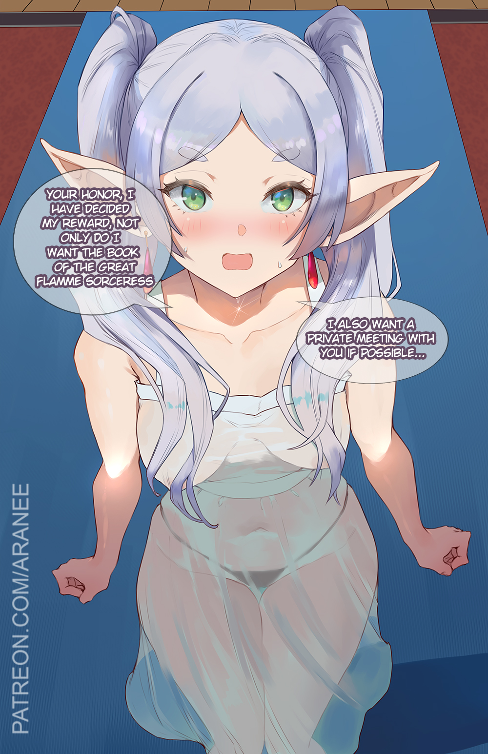 1girls, araneesama, black panties, blush, breasts, commentary, dangle earrings, dress, earrings, elf, english commentary, english text, feet out of frame, female, female only, frieren, green eyes, grey hair, higher resolution available, highres, indoors, jewelry, looking at viewer, medium breasts, navel, nipples, panties, parted bangs, pointy ears, see-through, see-through clothing, see-through dress, solo, sousou no frieren, speech bubble, standing, string panties, sweat, thick eyebrows, thigh gap, thighs, twintails, underwear, white dress