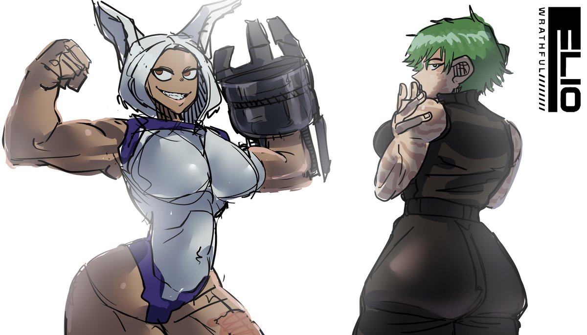 2girls animal_ears ass big_breasts bodysuit boku_no_hero_academia breasts bunny_ears bunny_girl burn_scar dark-skinned_female dark_skin eliowrathful green_hair huge_ass jujutsu_kaisen mechanical_arm mirko miruko multiple_girls muscular_female my_hero_academia rumi_usagiyama scar short_hair superheroine tomboy usagiyama_rumi white_hair zenin_maki