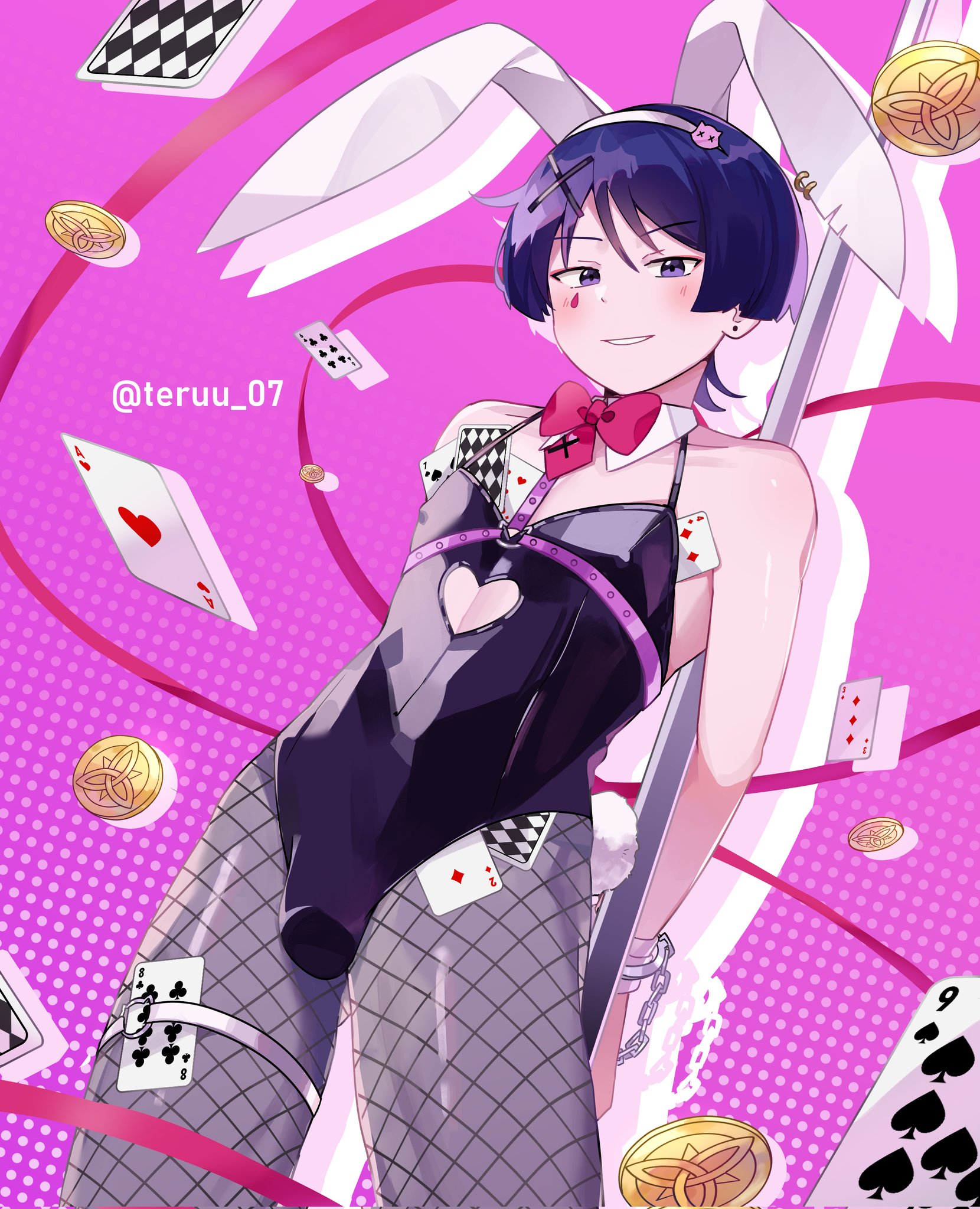 bunnysuit, femboy, fishnets, genshin impact, male, male focus, male only, pole, rabbit hole (deco*27/caststation), rabbit hole (vocaloid), scaramouche (genshin impact), stripper pole