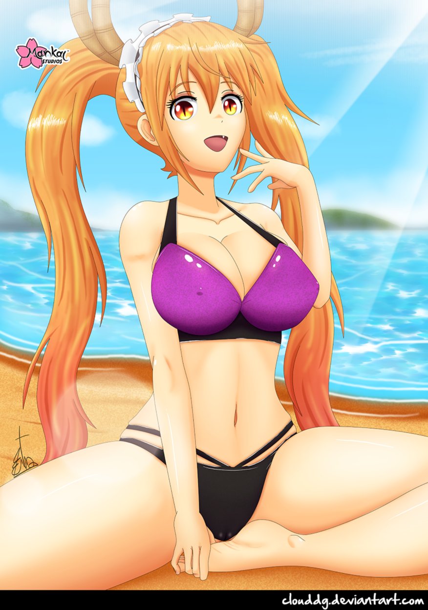 1girls beach bikini bikini_bottom bikini_only bikini_top blonde_hair breasts clouddg female female_only female_solo miss_kobayashi's_dragon_maid ocean only_solo open_mouth solo solo_female sunshine tohru_(dragon_maid) twintails yellow_eyes