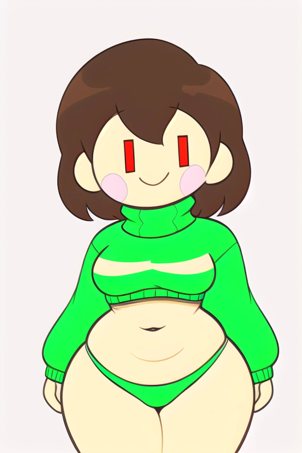 ai generated, blush, bobcut, brown hair, chara, chara (undertale), chubby, chubby female, crop top, crop top sweater, female, green underwear, pale skin, pink cheeks, pixai, red eyes, shoulder length hair, smile, smiling, solo, striped sweater, thick thighs, turtleneck, turtleneck sweater, undertale, undertale (series), underwear