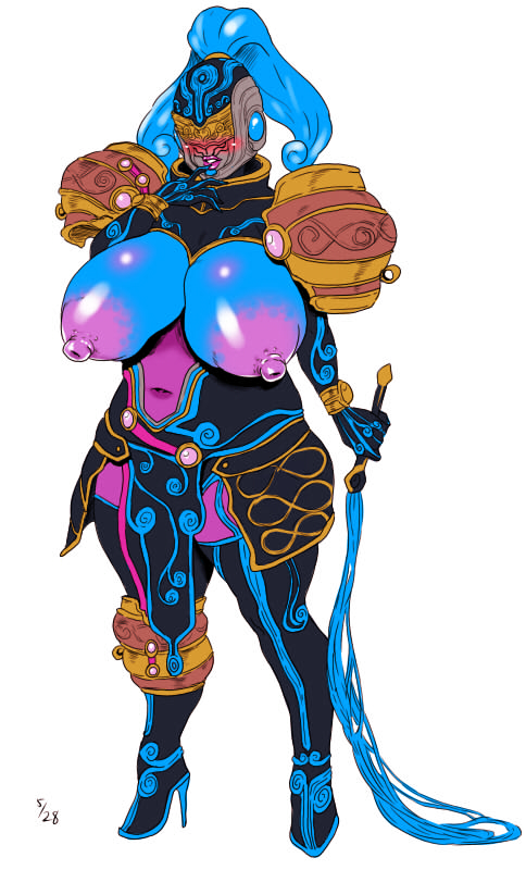 aquarius_zodiarts armor blue_hair blue_skin blush breasts female headgear helmet high_heels huge_breasts kamen_rider kamen_rider_fourze_(series) large_areolae long_hair monster_girl navel nipples nude ponytail puffy_nipples solo tied_hair whip