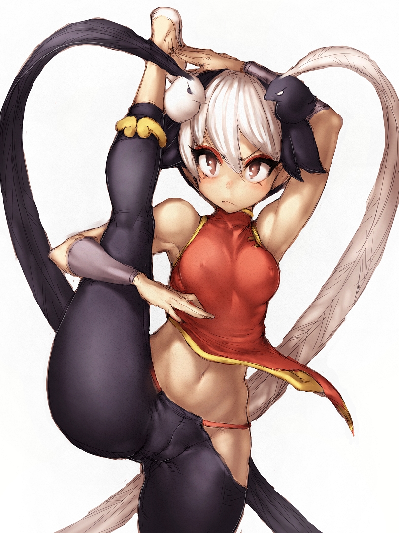 black_hair bracer cameltoe covered_nipples erect_nipples female feng_(skullgirls) flats flexible fumio_(rsqkr) hair high_kick hip_vent kicking leg_lift long_hair multicolored_hair navel red_eyes silver_hair simple_background skullgirls small_breasts solo standing_on_one_leg thighs two_tone_hair very_long_hair white_background wide_hips