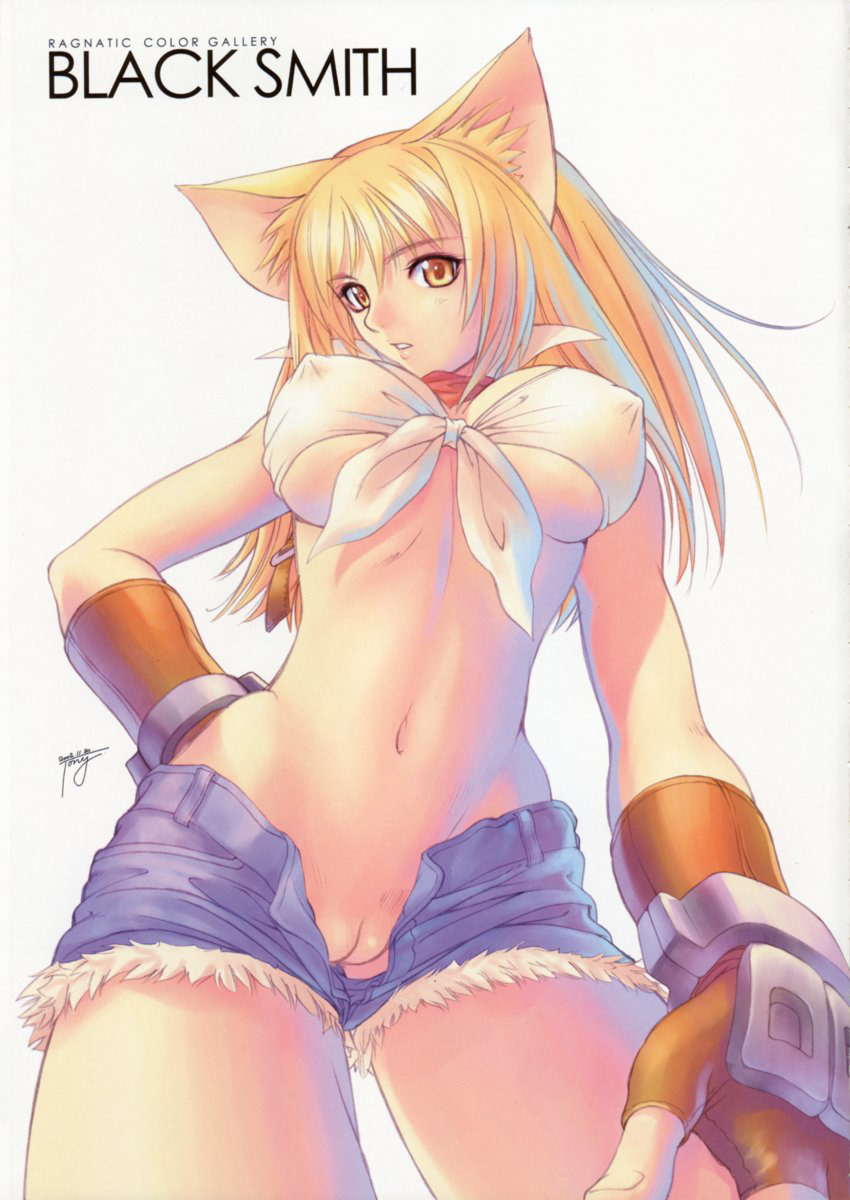 1girls animal_ears between_labia blacksmith blacksmith_(ragnarok_online) blonde_hair breasts cameltoe cleavage covered_nipples cutoffs denim denim_shorts erect_nipples eye_contact female female_only fingerless_gloves front-tie_top gloves hair high_resolution innie_pussy jeans large_breasts long_hair looking_at_viewer midriff navel nekomimi nopan open_fly open_shorts pussy ragnarok_online short_shorts shorts small_waist solo taka_tony teeth uncensored underboob unzipped wide_hips yellow_eyes