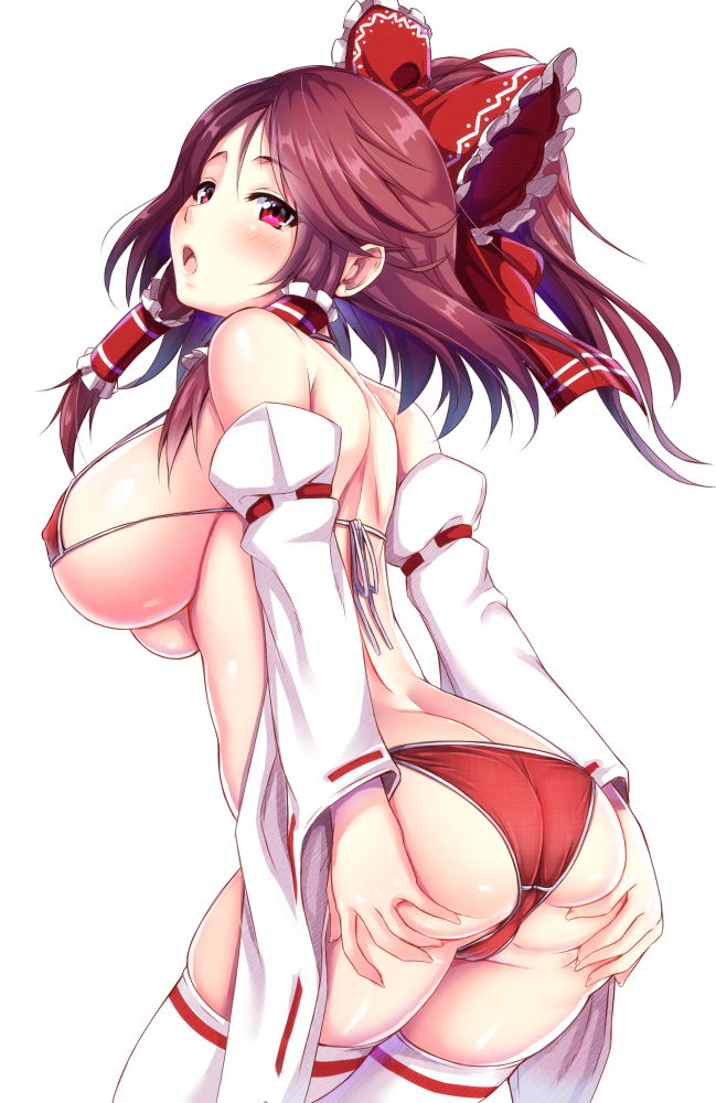 ass, bikini, blush, bow, breasts, brown hair, detached sleeves, ebi 193, female, from behind, hair tubes, hairbow, large breasts, long hair, looking back, open mouth, ponytail, red bikini, red eyes, reimu hakurei, solo, spread ass, swimsuit, thighhighs, tied hair, touhou, underboob, white legwear, wide sleeves