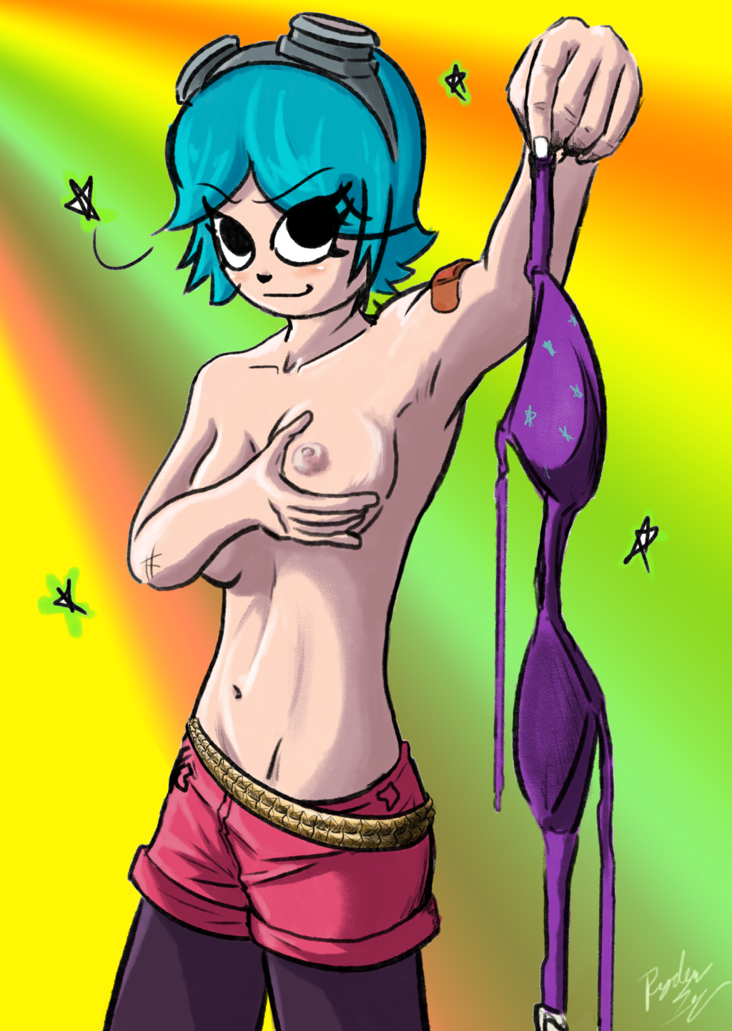 bandaid black_eyes blue_hair bra breast_grab breasts female goggles ramona_flowers ryder_sechrest scott_pilgrim short_hair short_shorts topless