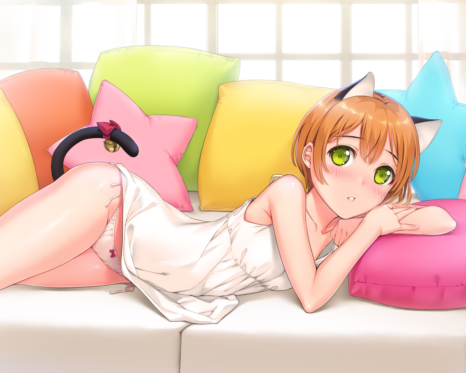 1girls, animal ears, bell, blush, cat girl, catgirl, dress, female, female focus, female only, green eyes, highres, hoshizora rin, langerie, love live!, love live! school idol project, mignon, negligee, nightie, panties, short hair, solo, tail, underwear, very short hair