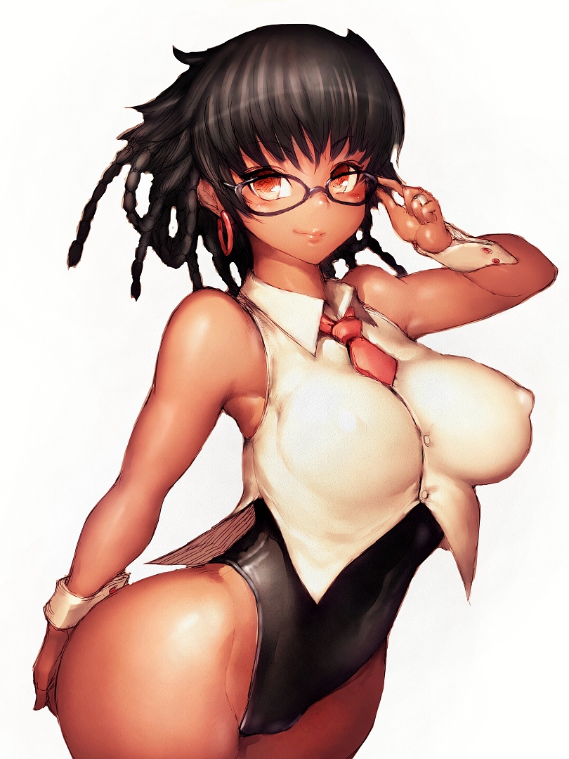 ass bare_shoulders bonimar breasts brown_eyes brown_hair canvas_of_life_manga covered_nipples dark-skinned_female dark_skin earrings erect_nipples female fumio_(rsqkr) glasses hair jewelry large_breasts lips long_hair looking_at_viewer short_hair simple_background smile solo thighs white_background