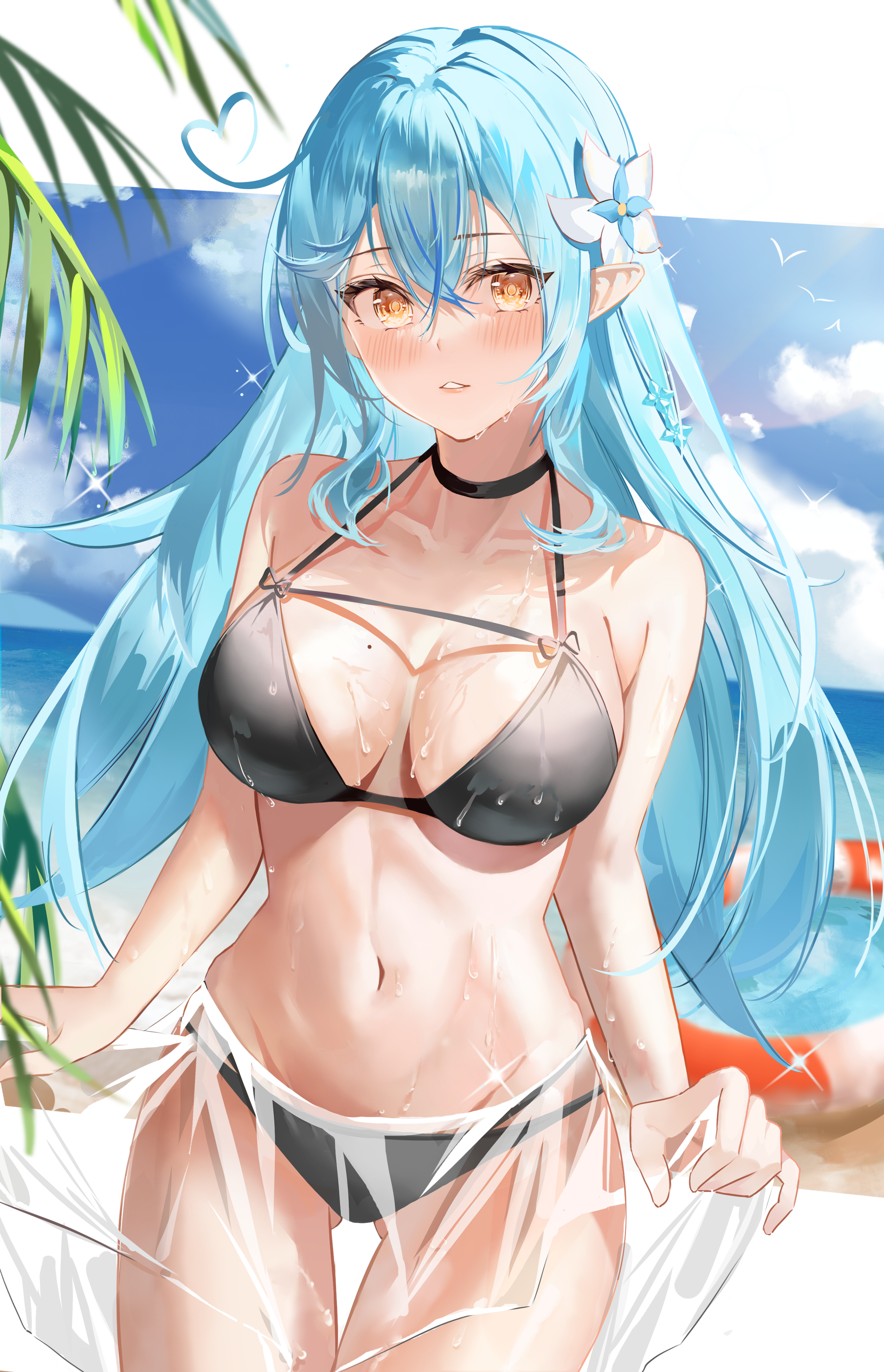 bikini, blue hair, blush, female, hololive, hololive gen 5, hololive japan, long hair, solo female, virtual youtuber, yellow eyes, yukihana lamy