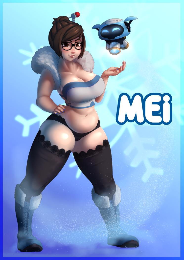 1girls, bikupan, blizzard entertainment, blush, breasts, brown hair, busty, cleavage, clothing, fat, female, female only, fur trim, glasses, mei (overwatch), overwatch, panties, pin-up, robot, snowball (overwatch), solo, stockings, voluptuous, voluptuous female
